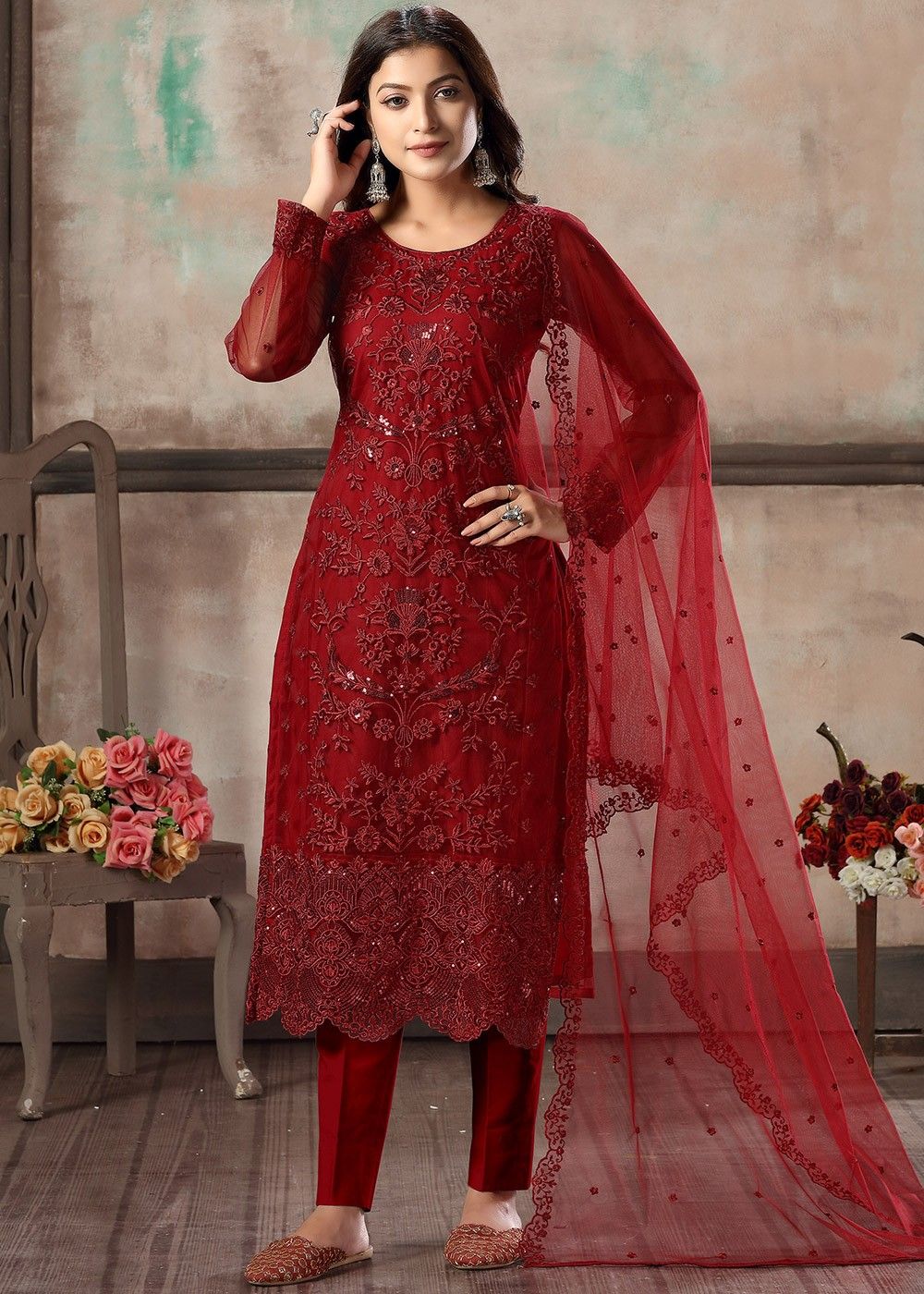 Red Straight Cut Embroidered Pant Salwar Suit Latest 3374SL04