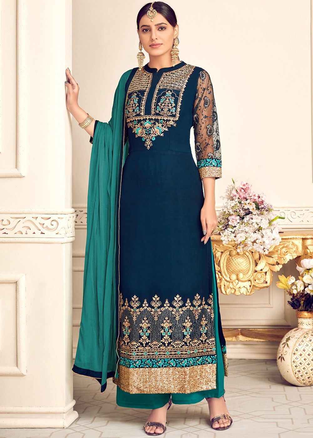 Buy online Yellow Straight Pant Suit Semi-stitched Suit from Suits & Dress  material for Women by Fashion Basket for ₹1260 at 79% off | 2024  Limeroad.com