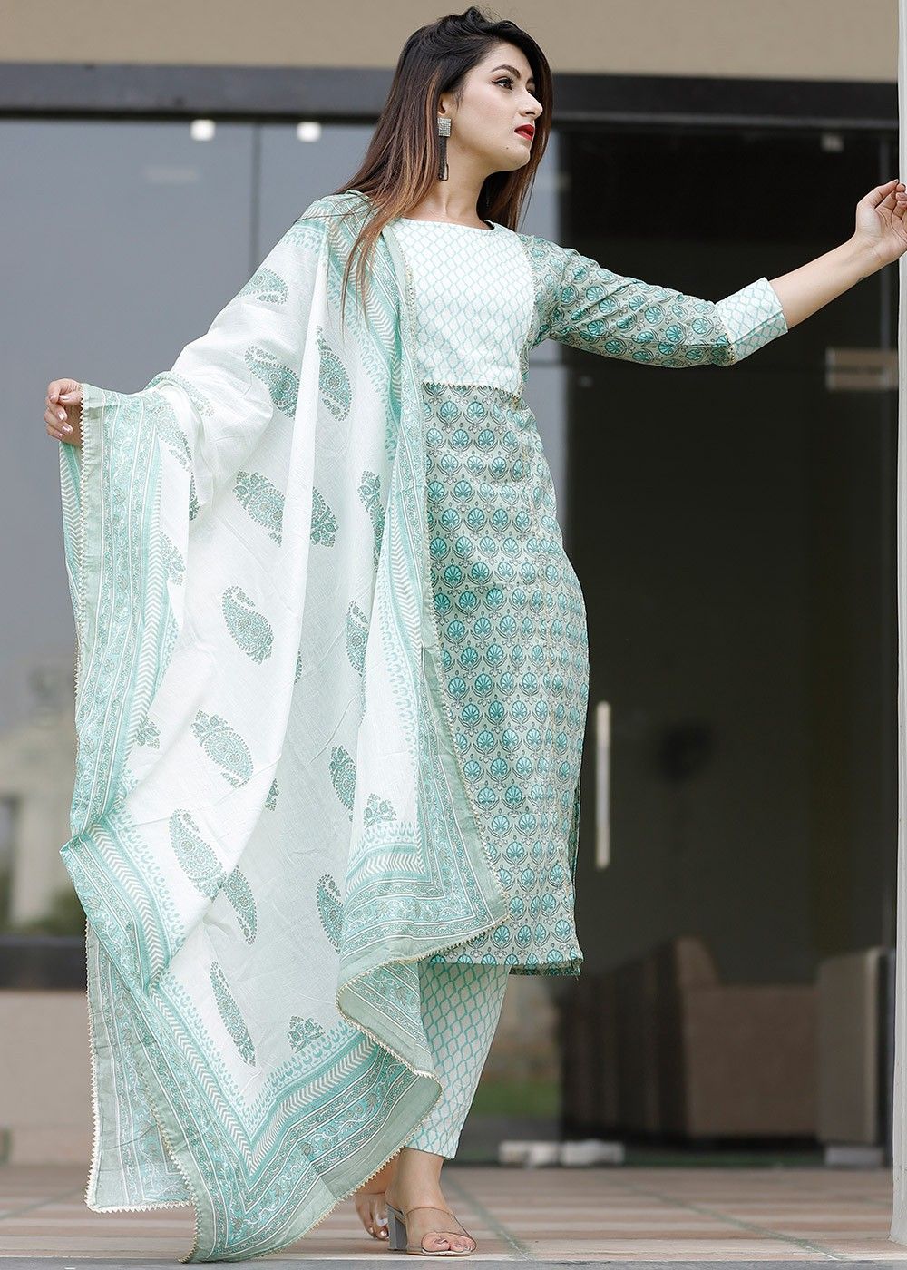 Wear And Stylish Floral Print Georgette Suit With Beautiful Pearl Lace  White Moti Suit - Khwaissh