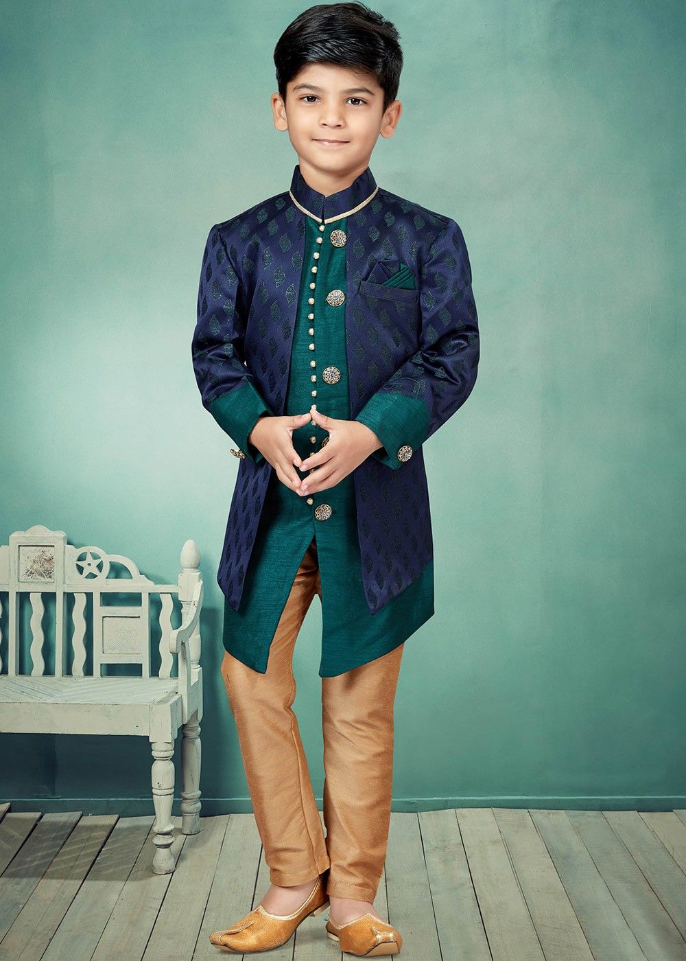 Navy Blue Velvet Indo Western Sherwani Suit with Brooch and Pearl Mala