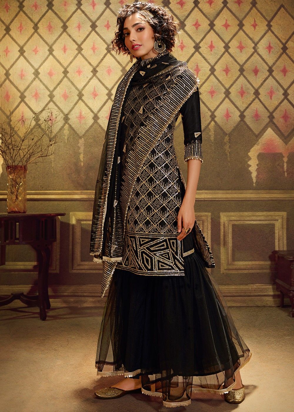 Black Embroidered Net Pakistani Gharara Suit 3457SL03