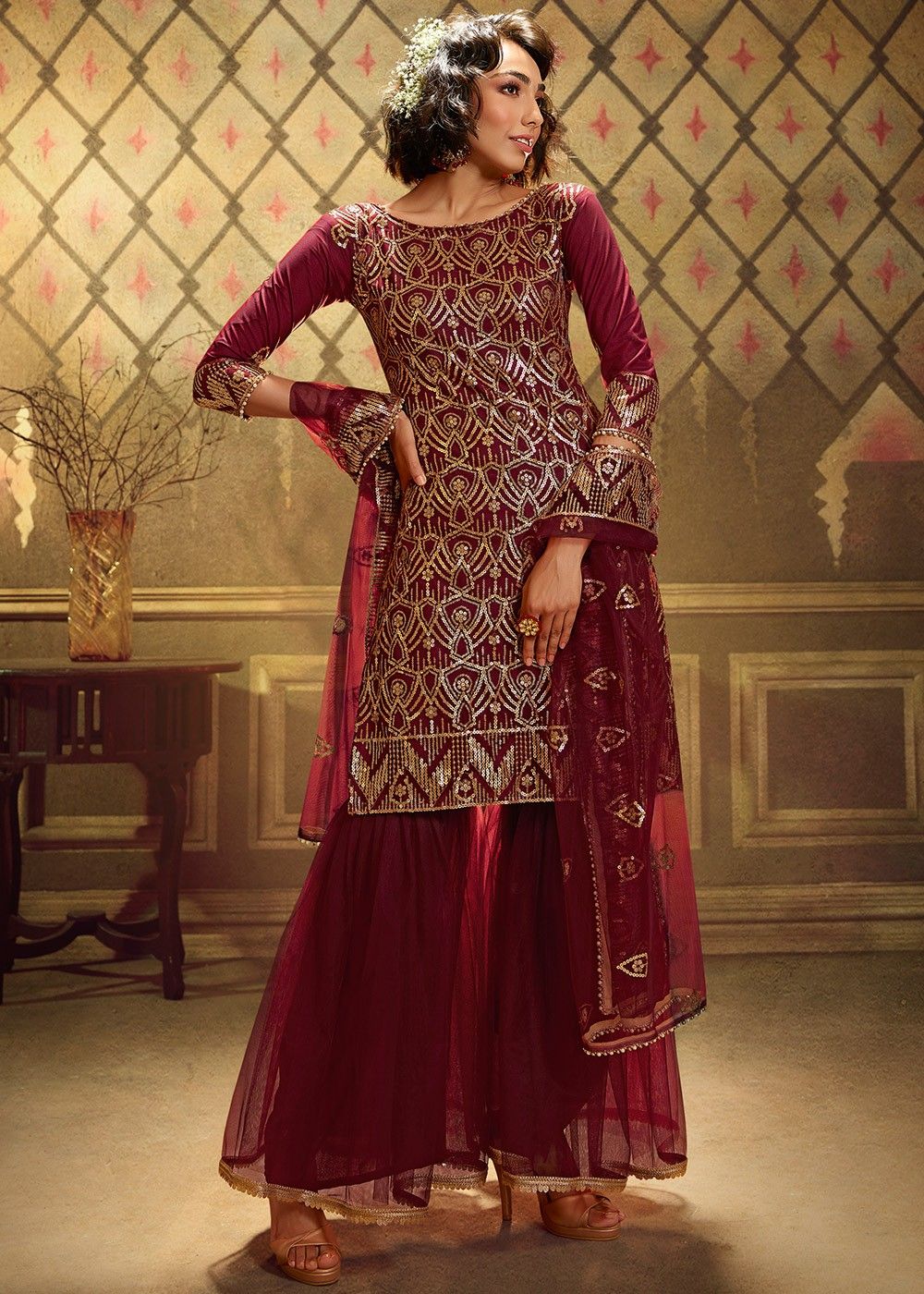 Maroon Net Embroidered Gharara Suit With Dupatta Latest 3457SL04