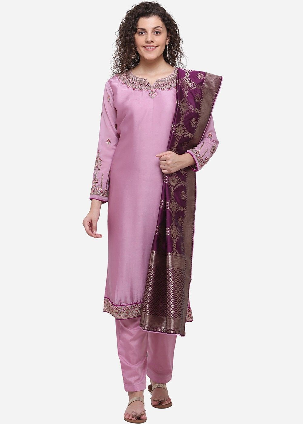 Magenta cotton silk kurta with stone work on yoke with matching pants –  Sujatra