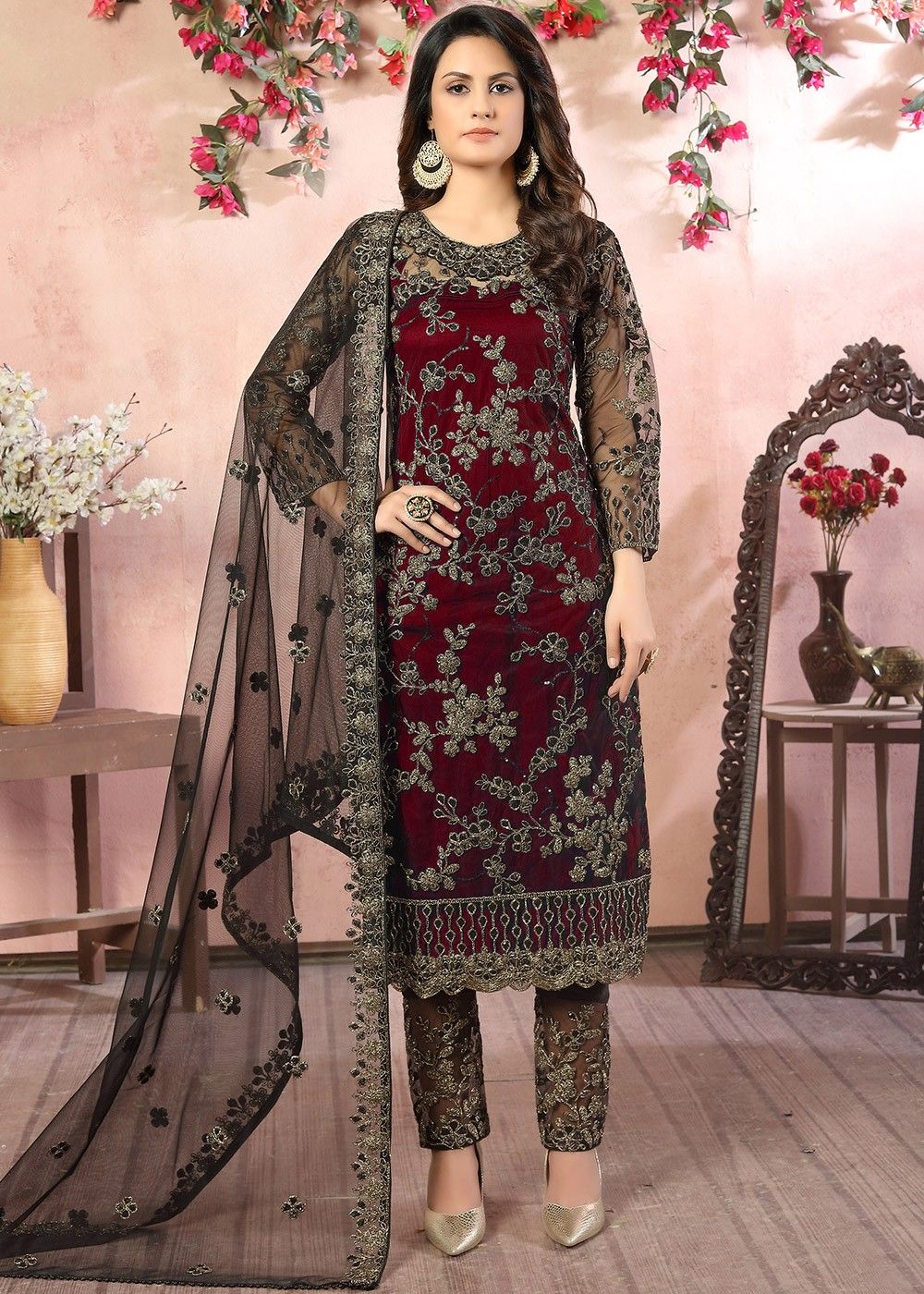 Dusty Pink Thread and Sequins work Straight Cut Salwar Suit  SeasonsChennai
