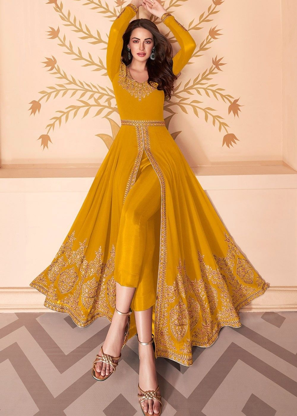 Wedding Embroidered Yellow Cotton Trouser Suit With Dupatta  Dmv14694