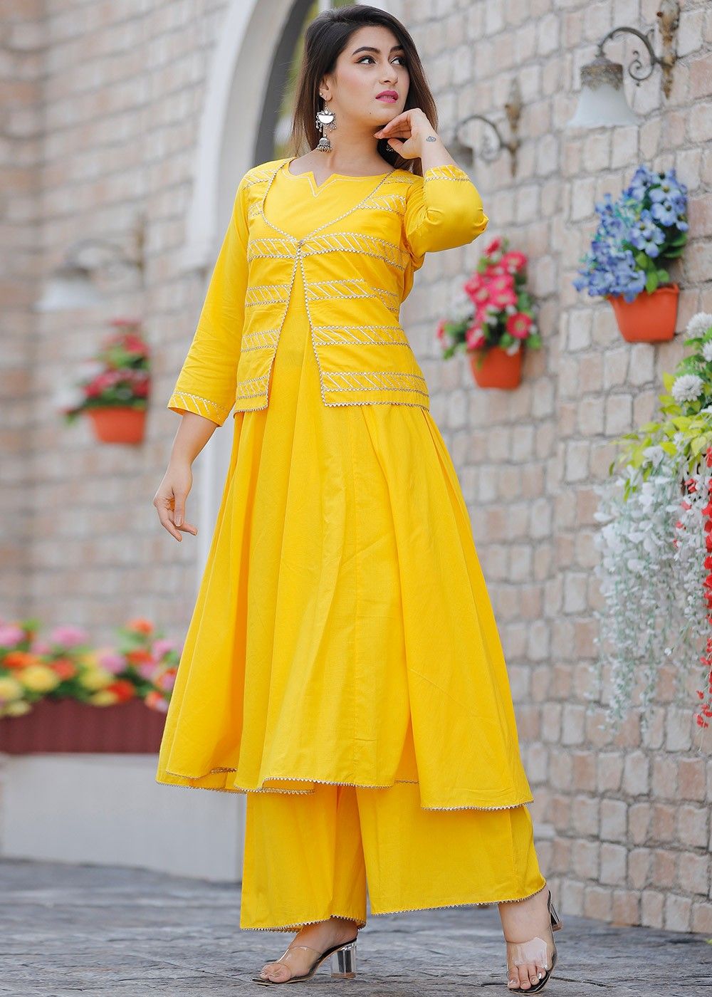 Readymade Yellow Gota Patti Embellished Kurta Pant Set Latest 214TB06