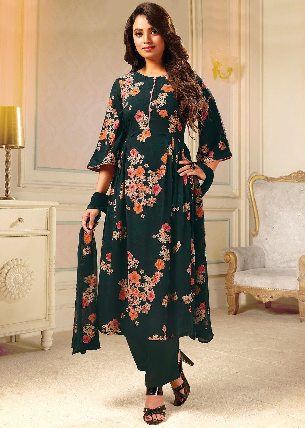 Navy Blue Floral Printed Suit Set – Ethereal Outfitters