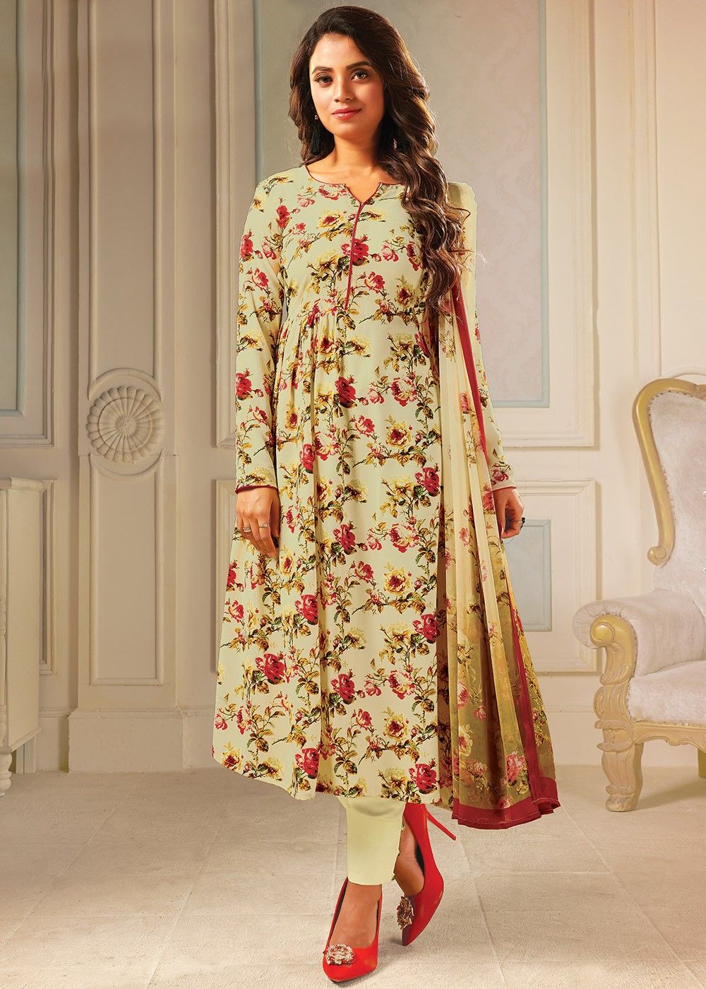 Cream Crape Floral Printed Pant Salwar Suit - EMBROIDERY SUITS DESIGN