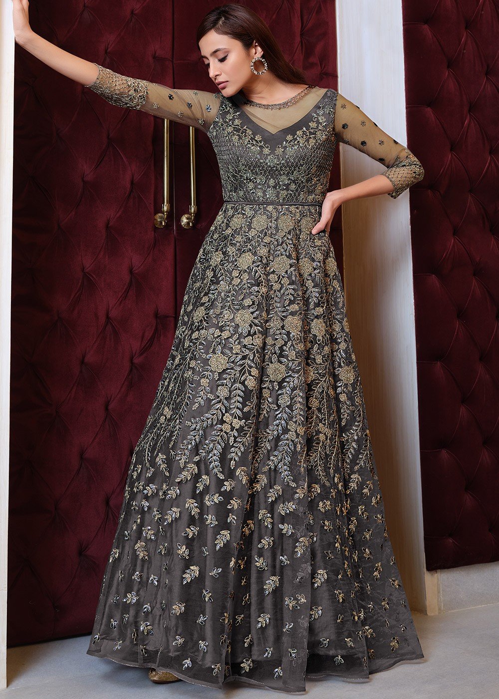 Grey and Gold Heavy Designer Embroidered Anarkali Suit - Indian Heavy  Anarkali Lehenga Gowns Sharara Sarees Pakistani Dresses in  USA/UK/Canada/UAE - IndiaBoulevard