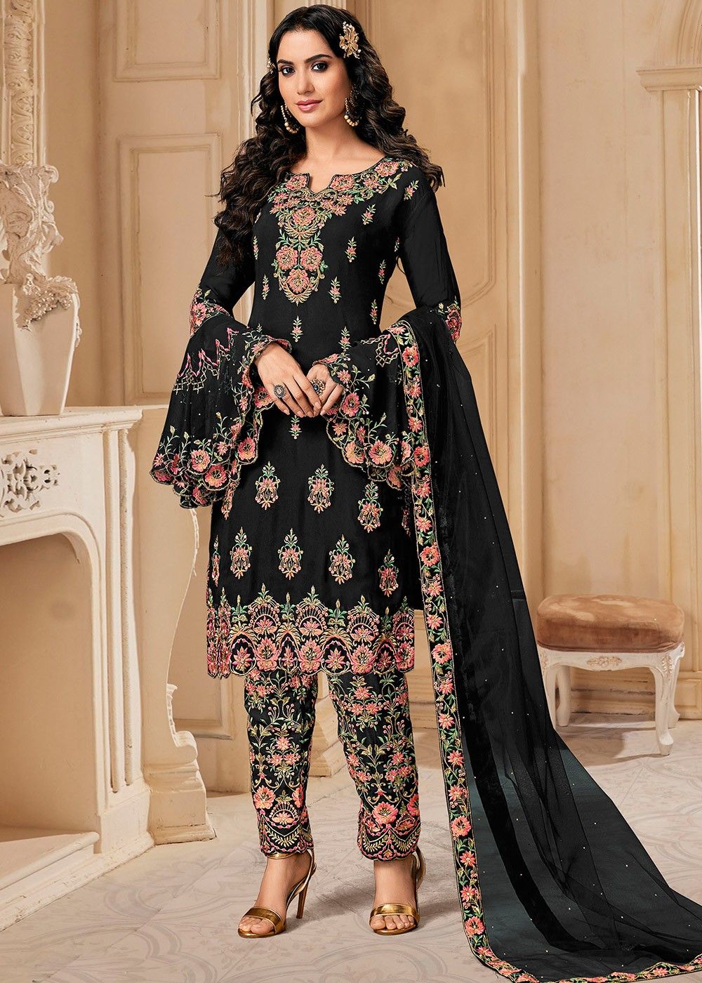 Black Resham Embroidered Salwar Suit In Georgette - EMBROIDERY SUITS DESIGN