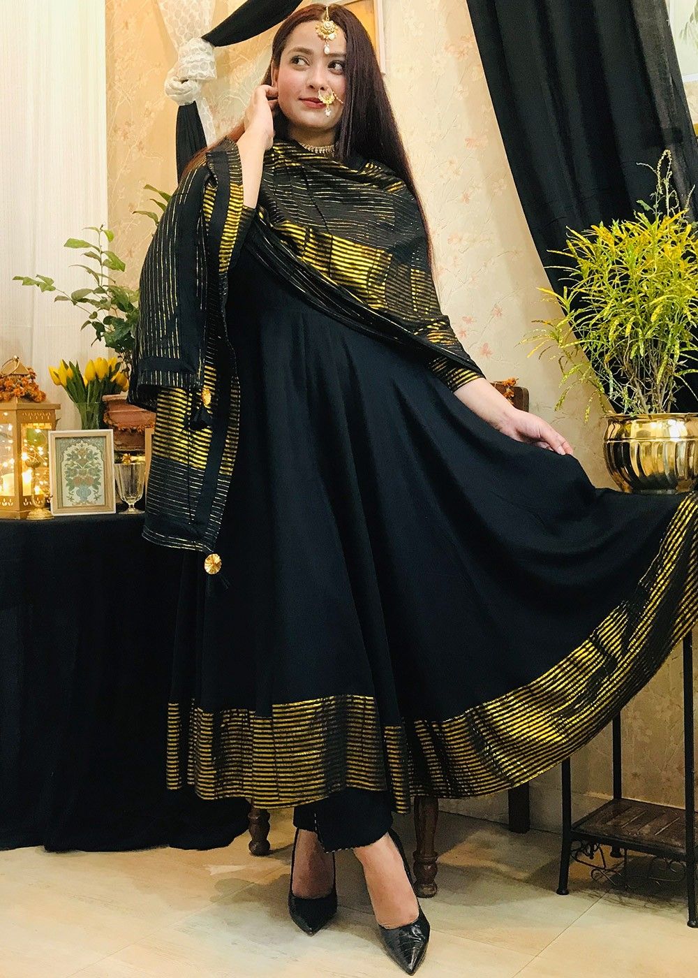 Black Gold Embroidery Work Net Designer Silk Lehenga Style Long Anarkali  Suit.Buy online shopping salwar kameez at - Fiji.