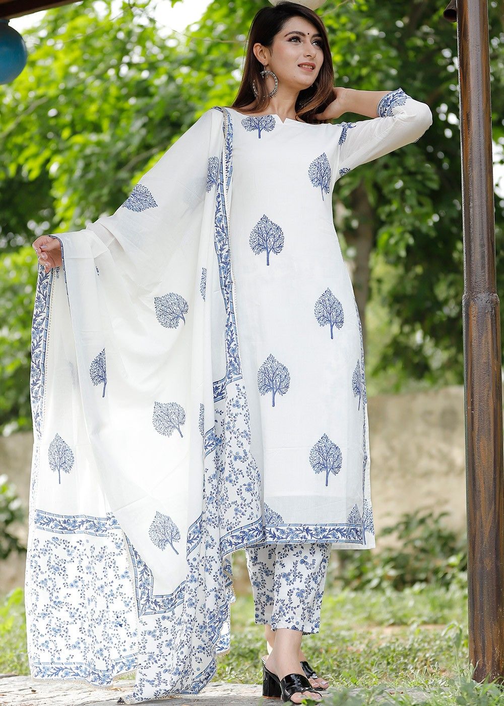 Festive Wear Printed Cotton Pant Style Suit In Cadet Blue
