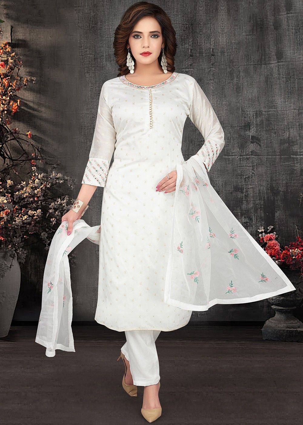 White Woven Chanderi Readymade Pant Salwar Suit 3770SL09