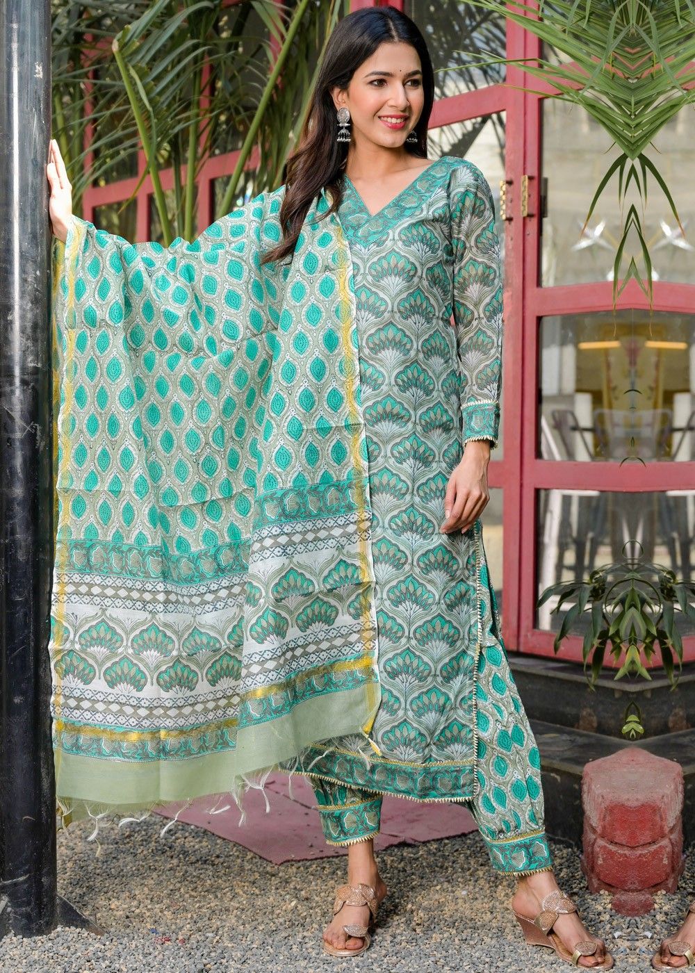 Green Block Print Readymade Salwar Suit 3772SL04