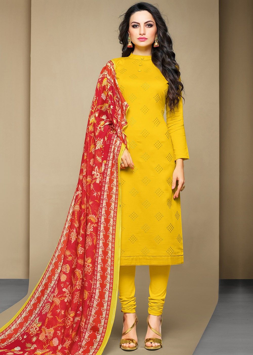 Red and Yellow Combination Pure Cotton Suits with Cotton Dupatta