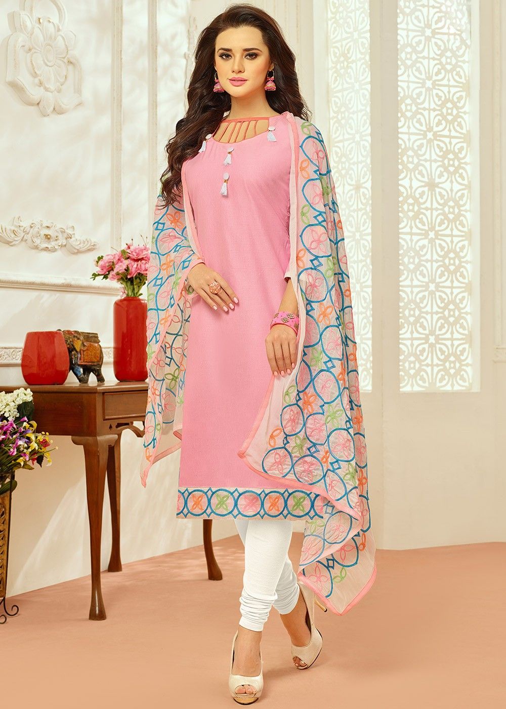 Pink Color Georgette Fabric Resham Work Beautiful Look Pant Style Salwar  Suit