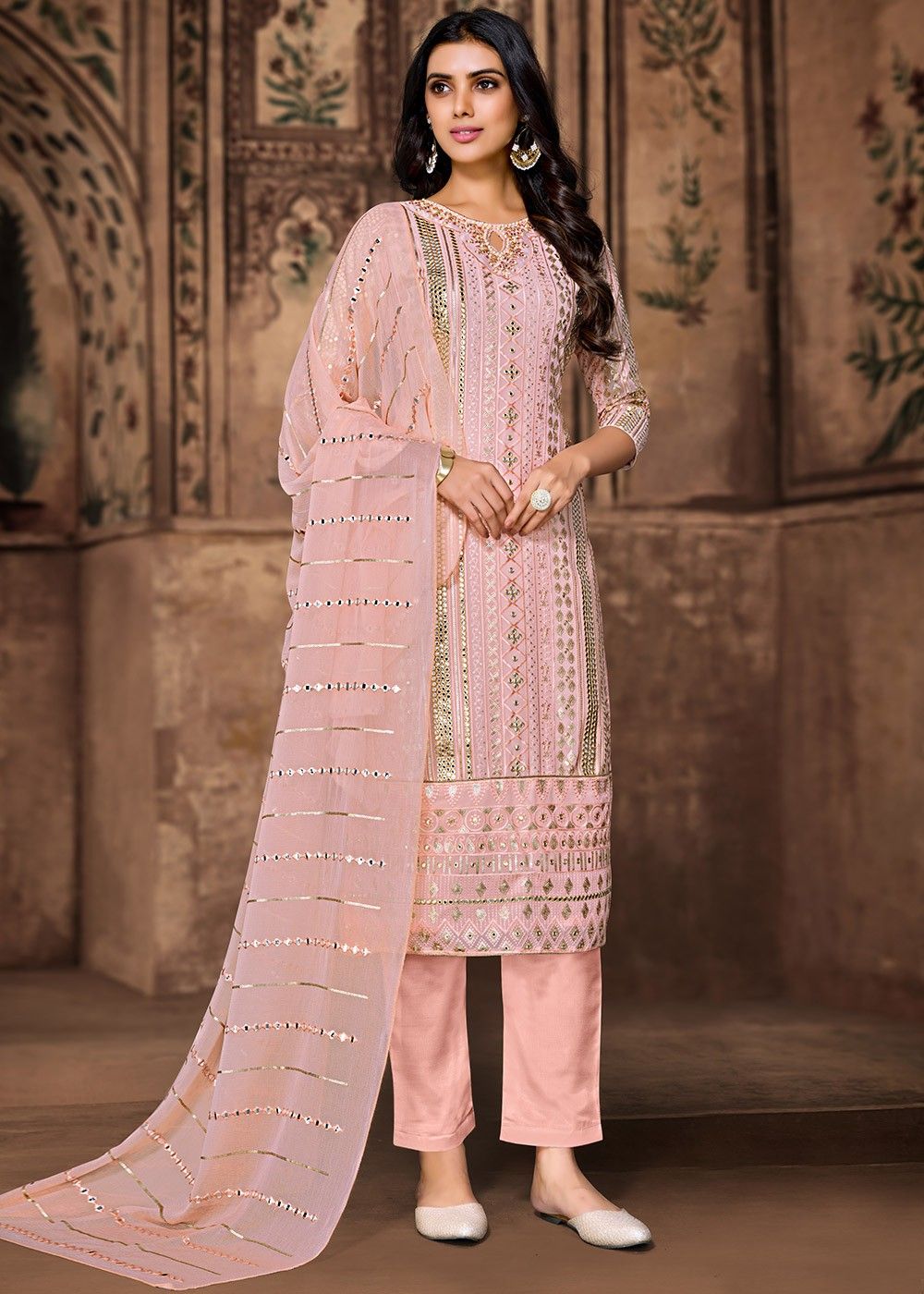 Peach Embroidered Readymade Pant Style Salwar Suit 3898SL07
