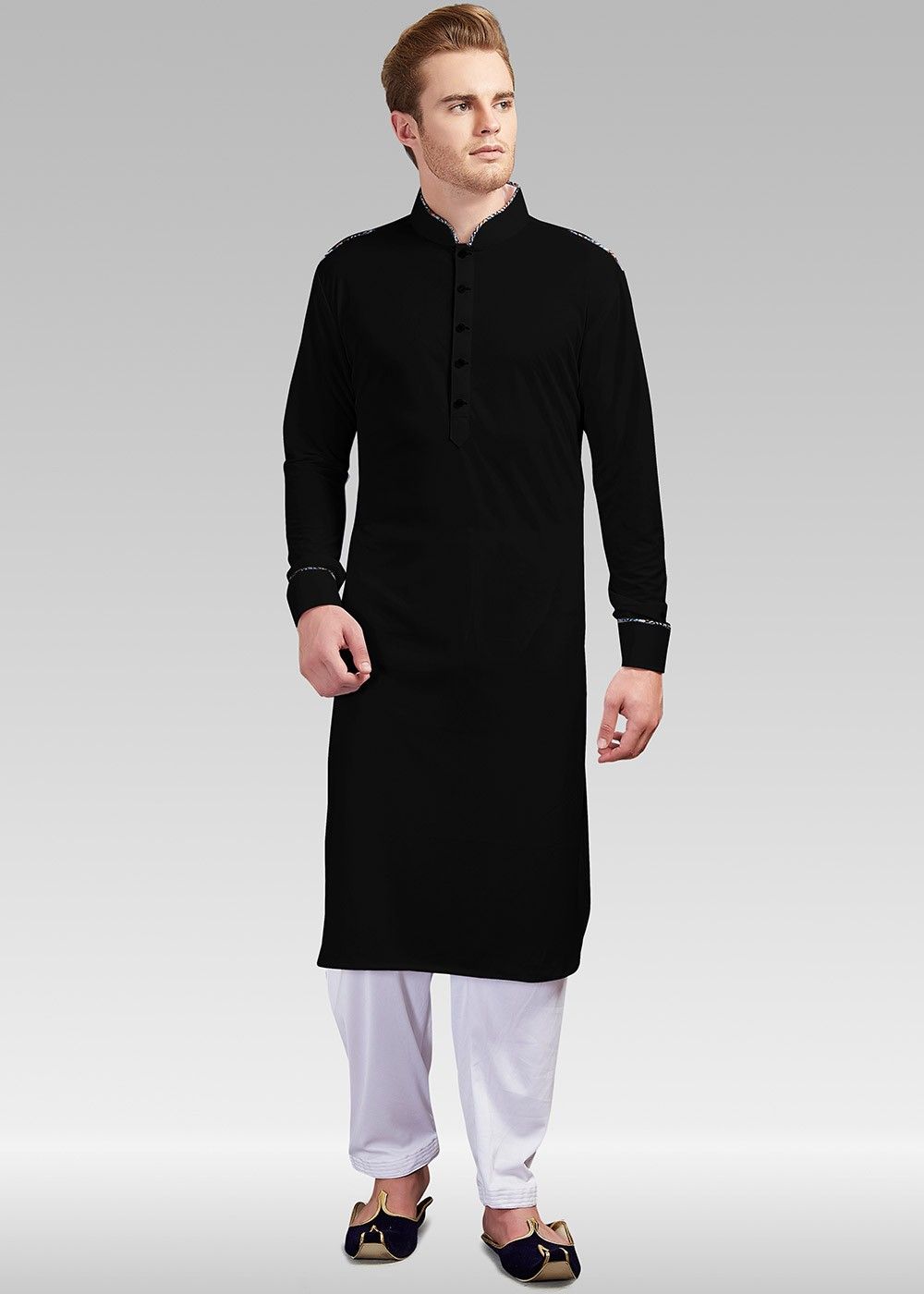 Solid black cotton rayon pathani suit - G3-MPS0540 | G3fashion.com