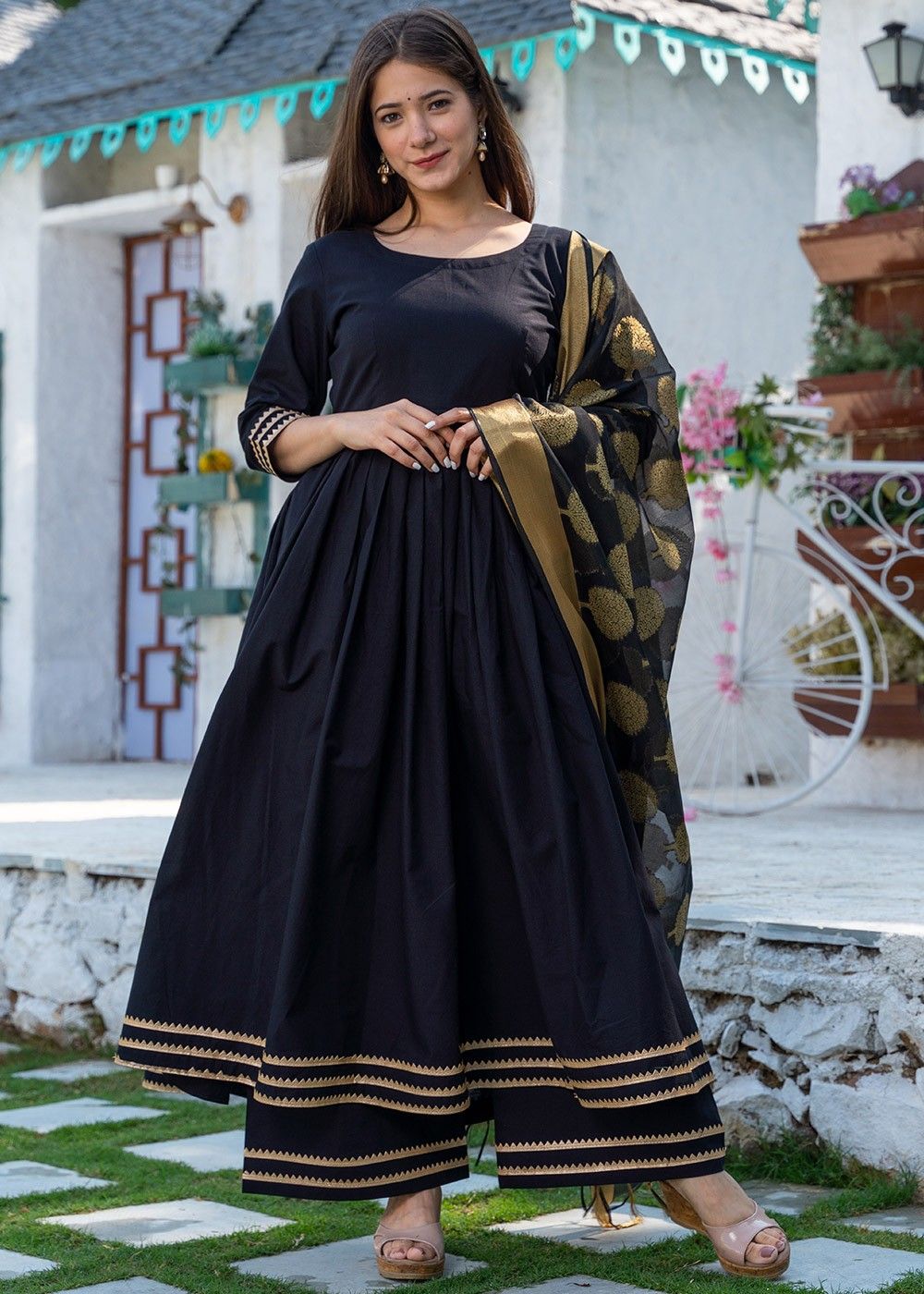 Gorgeous Plain Black Gown with Dupatta and Palazzo  Silaywala Fashion