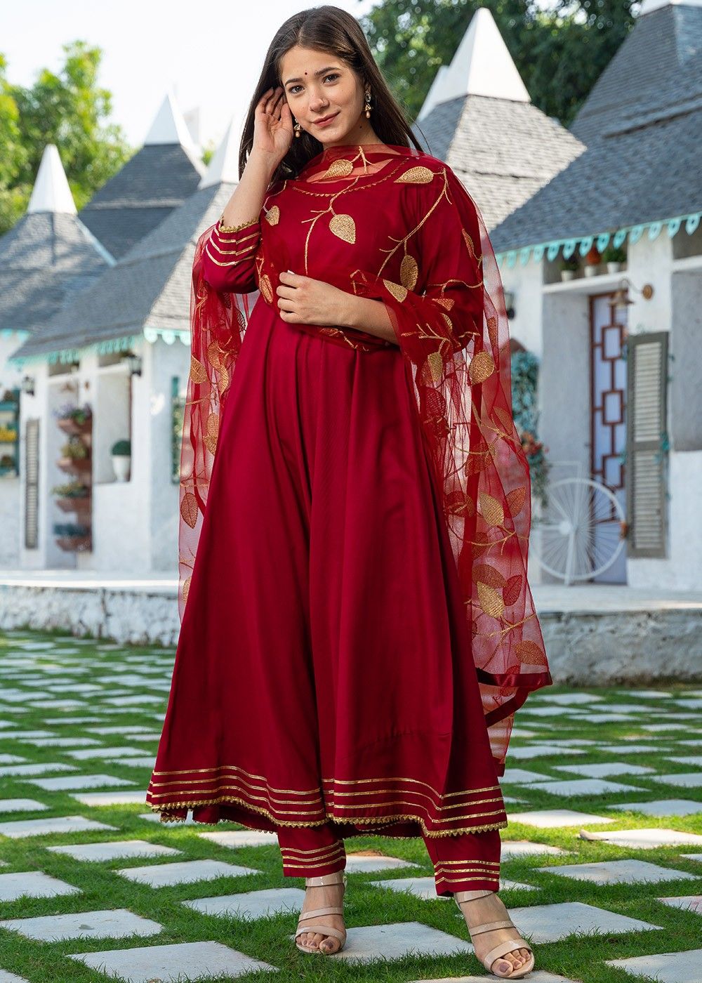Buy Lavanya The Label Red Solid Anarkali Kurta And Churidar With Dupatta  (Set of 3) online