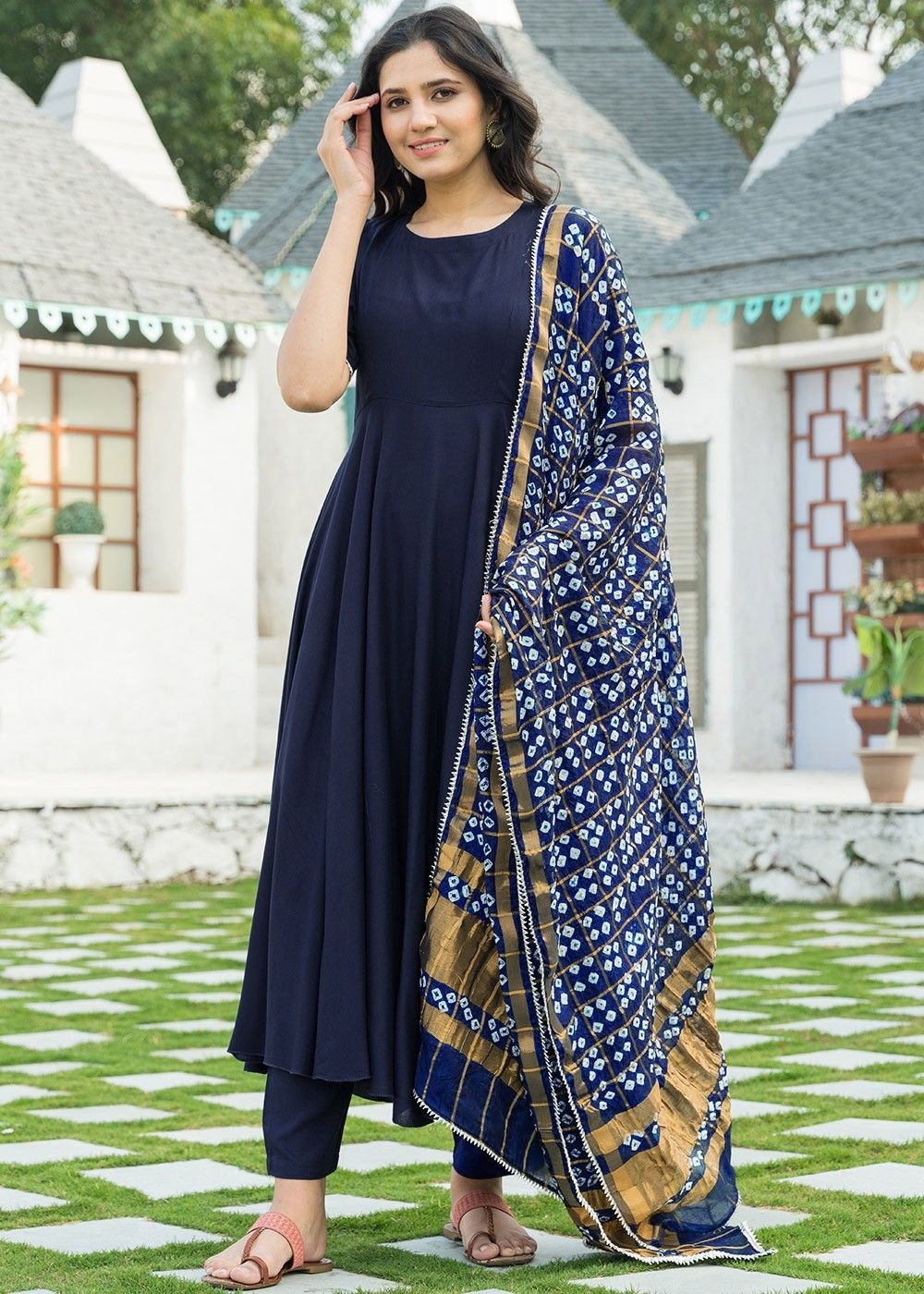 Readymade Blue Anarkali Suit With Bandhej Dupatta Latest 3896SL29