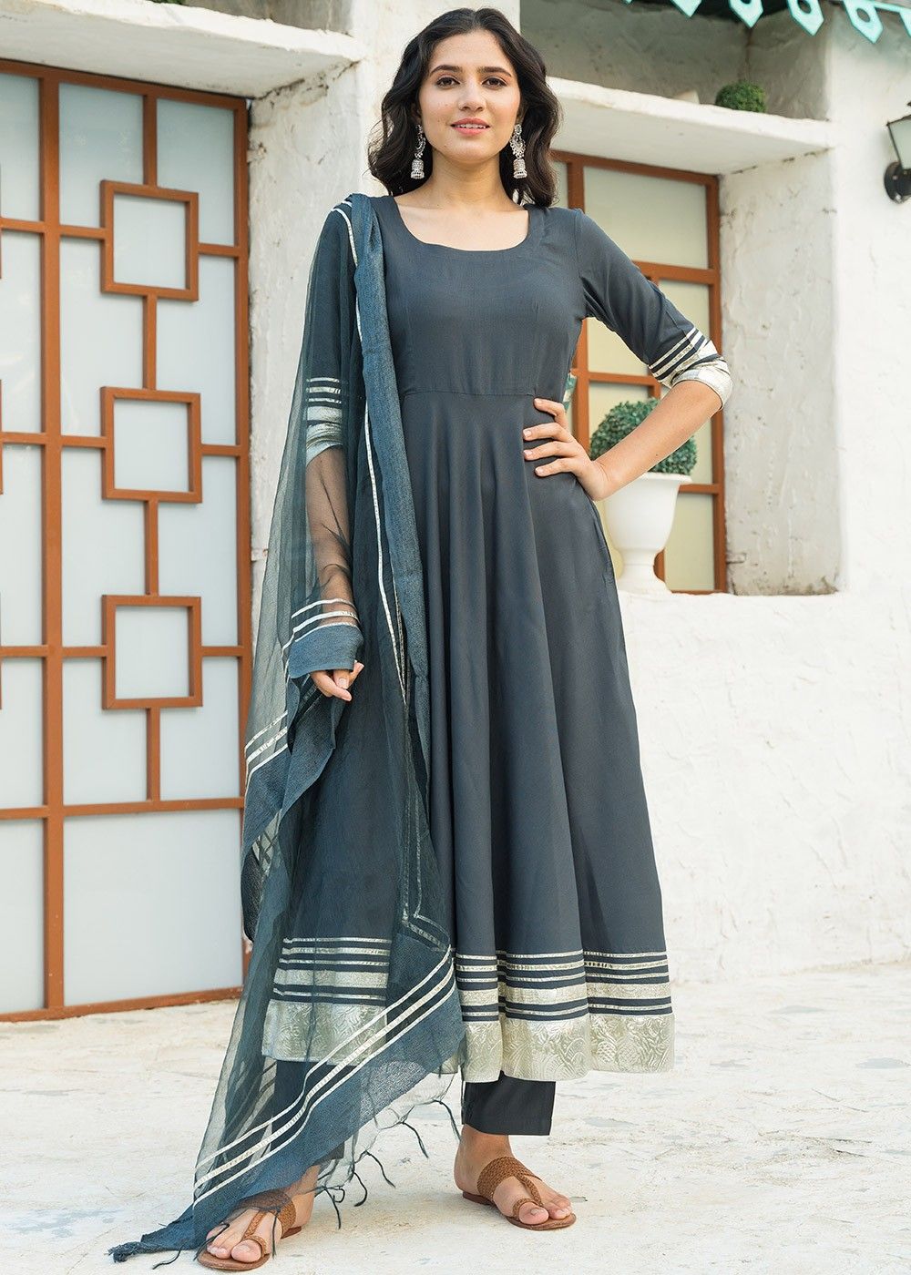 Buy Green Printed Cotton Gota Patti Work Anarkali Suit with Chiffon Dupatta  - Set of 3 | PR574GREY-M/PRKH1 | The loom