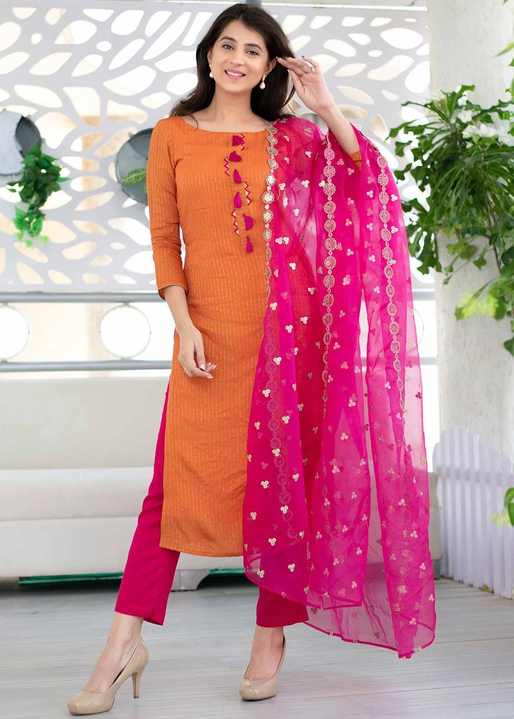 Stitched Ladies Chanderi Cotton Kurti With Pant Set