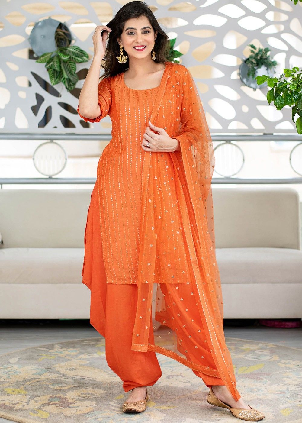 Orange Readymade Chanderi Punjabi Suit Latest 3898SL03