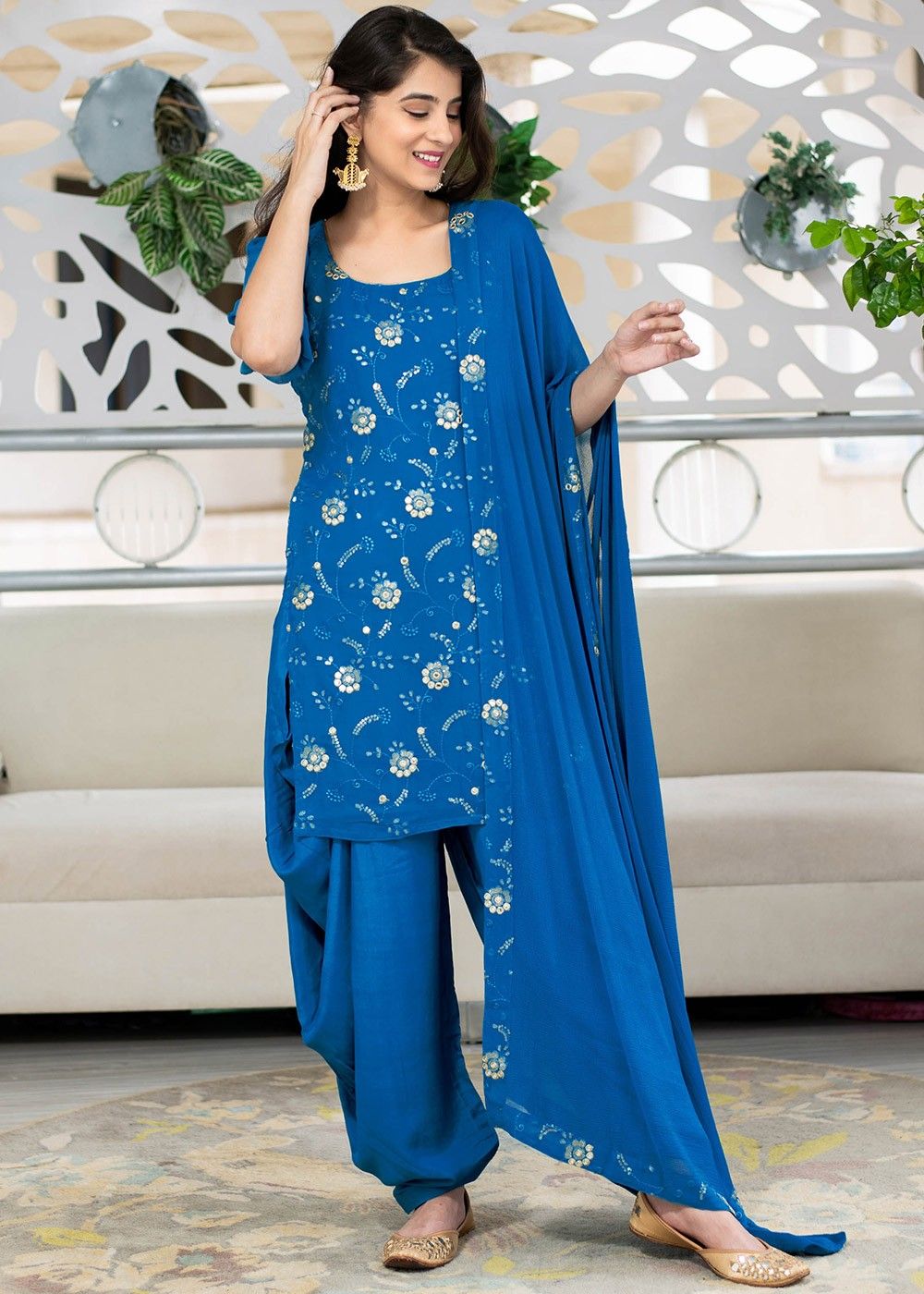Digital Printed Crepe Punjabi Suit in Teal Blue : KPV1268