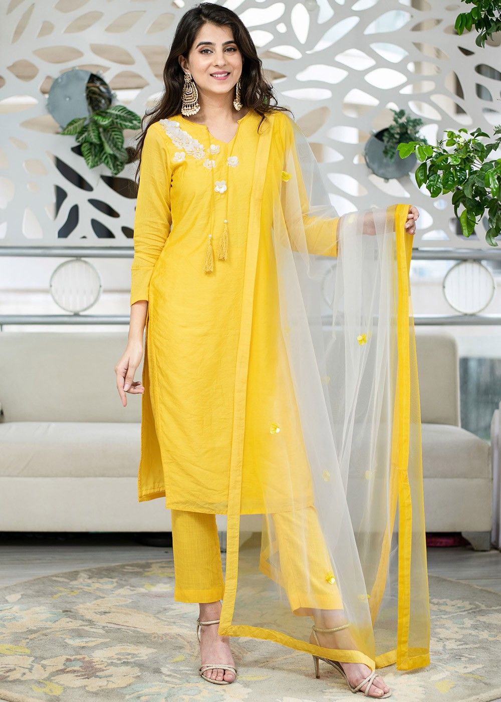 Yellow Readymade Flared Cotton Pant Suit 2698SL14