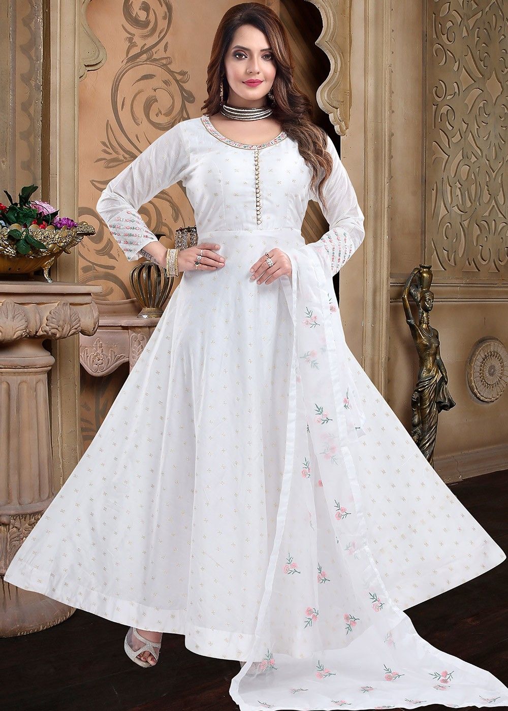 Aradhya CreationsWomen's White Anarkali Style Long Gown Kurta Set with  Dupatta. (Medium, White) : Amazon.in: Fashion