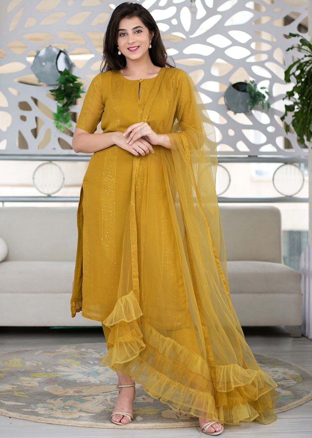 Buy Designer Yellow Stylish Straight Pant Suit For Party