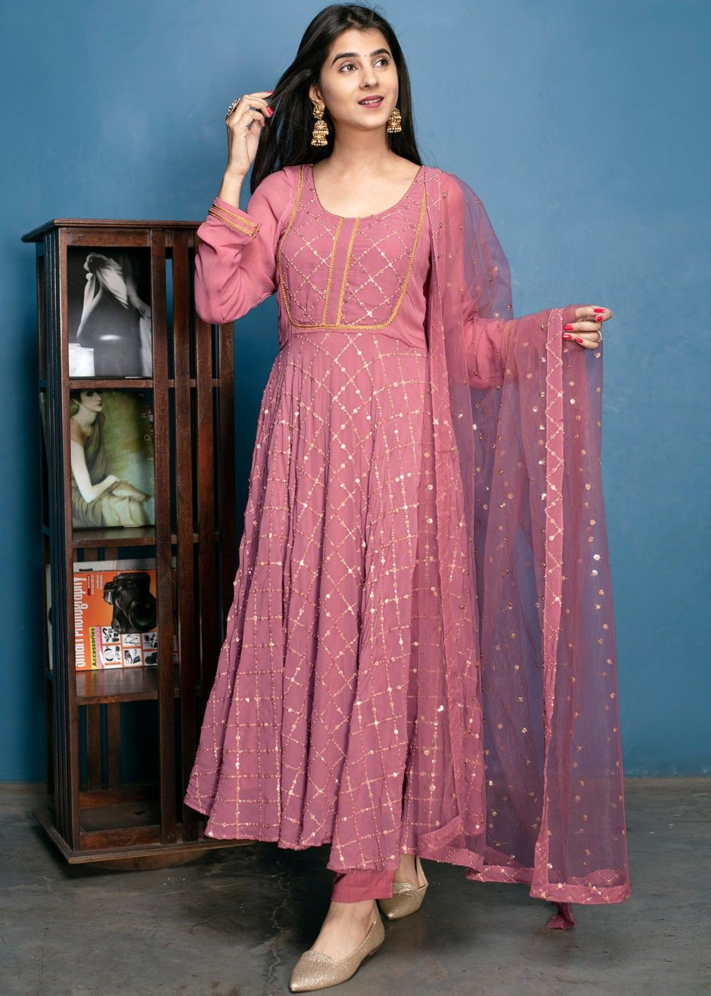 Sequence Heavy Faux Georgette Anarkali Gown With Dupatta, Full Sleeve, Pink  at Rs 1150 in Surat