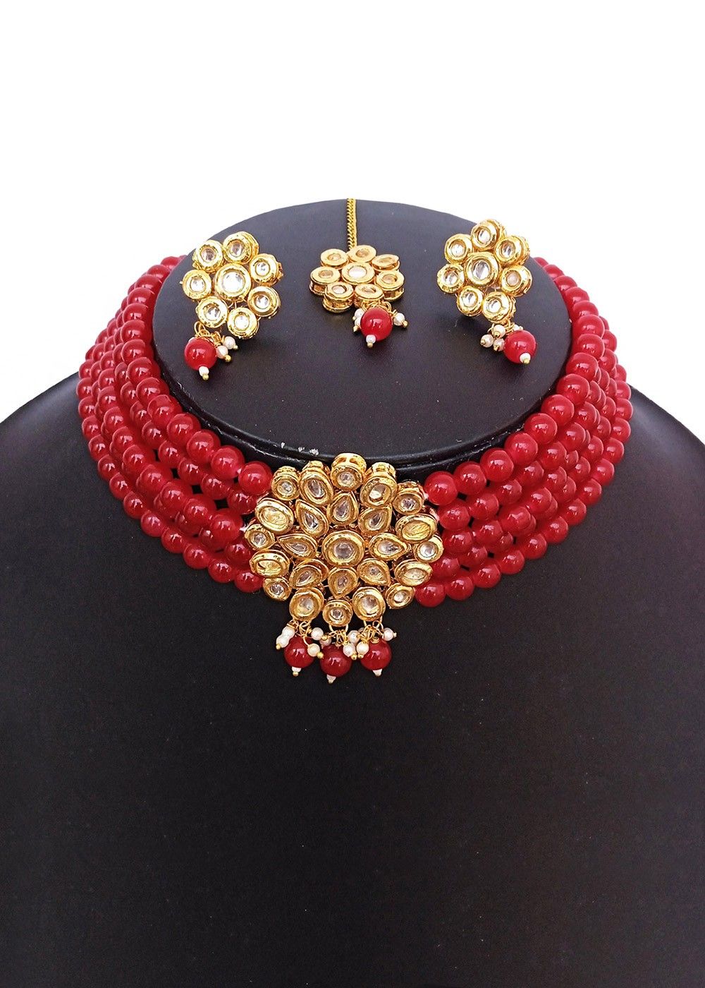 Alloy Based Red Beaded Choker Necklace Set 393JW18