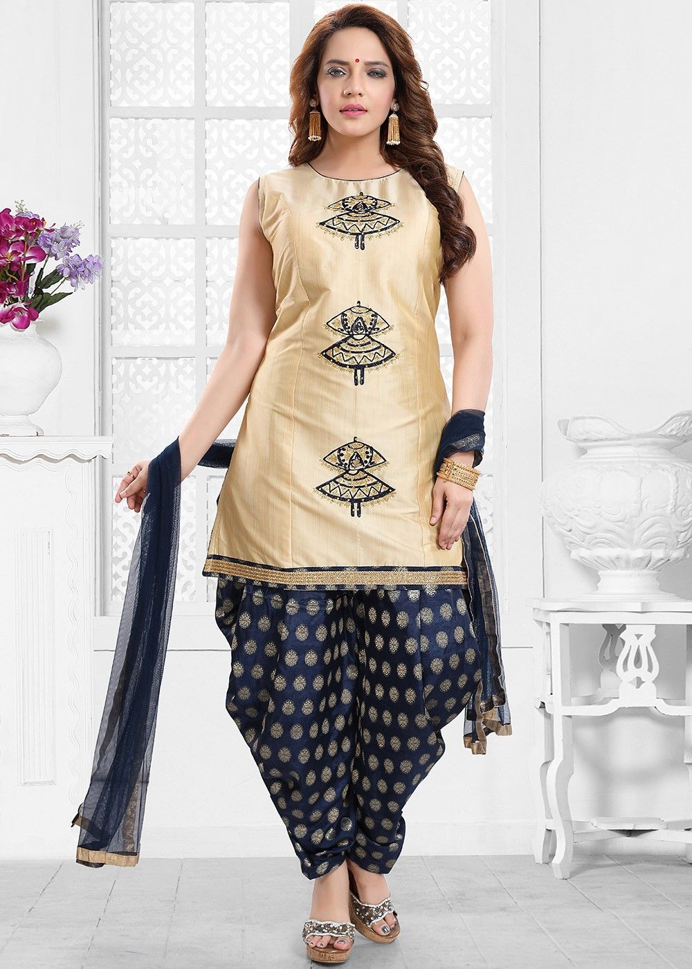 Buy Blue Chanderi Booti Embroidered Patiala Suit Festive Wear Online at  Best Price | Cbazaar