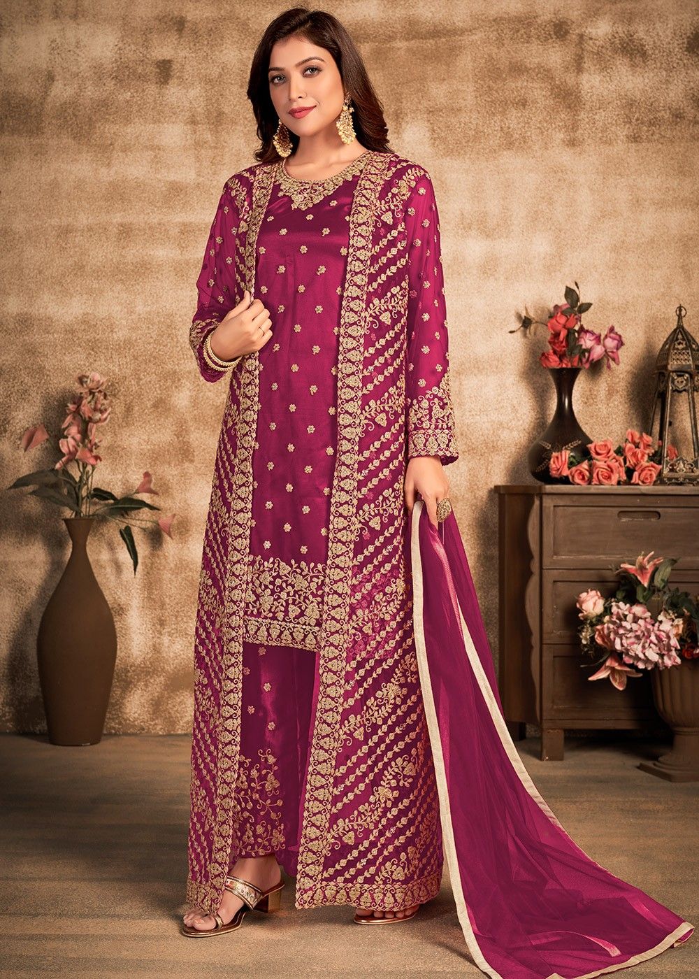 Wine And Pink Heavy Velvet Pant/Palazzo Style Suit