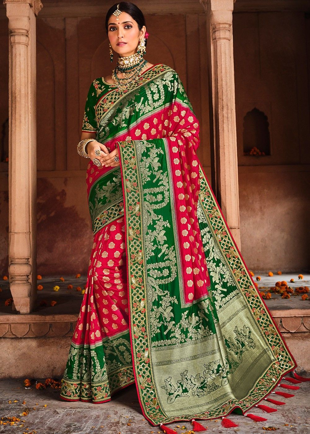 Buy Sage Green And Fuchsia Shaded Banarasi Saree In Georgette With Bandhani  Print And Weaved Moroccan Jaal Online - Kalki Fashion