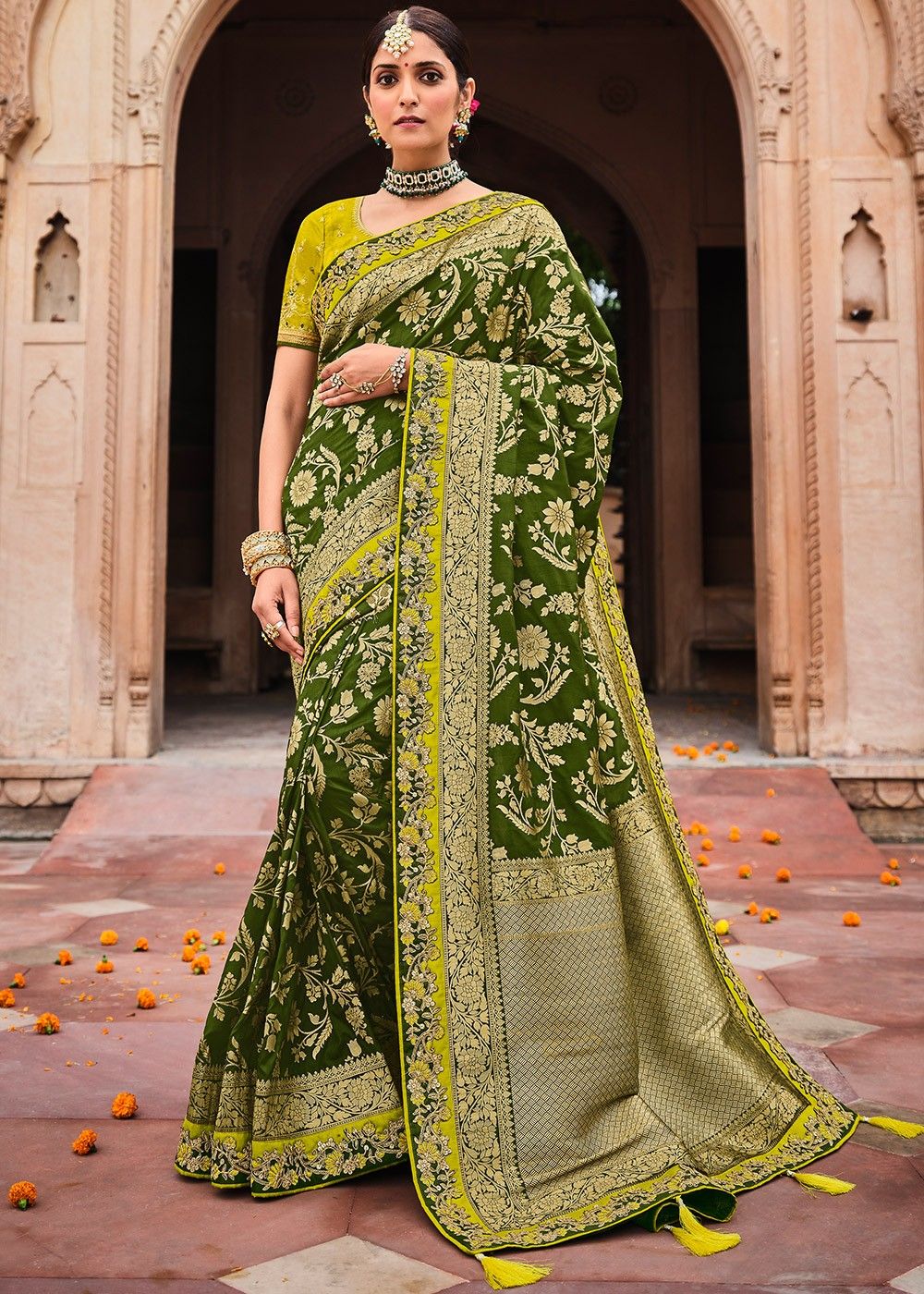 Pure Tree Green Banarasi Bridal Wedding Party Wear Fancy Silk Saree