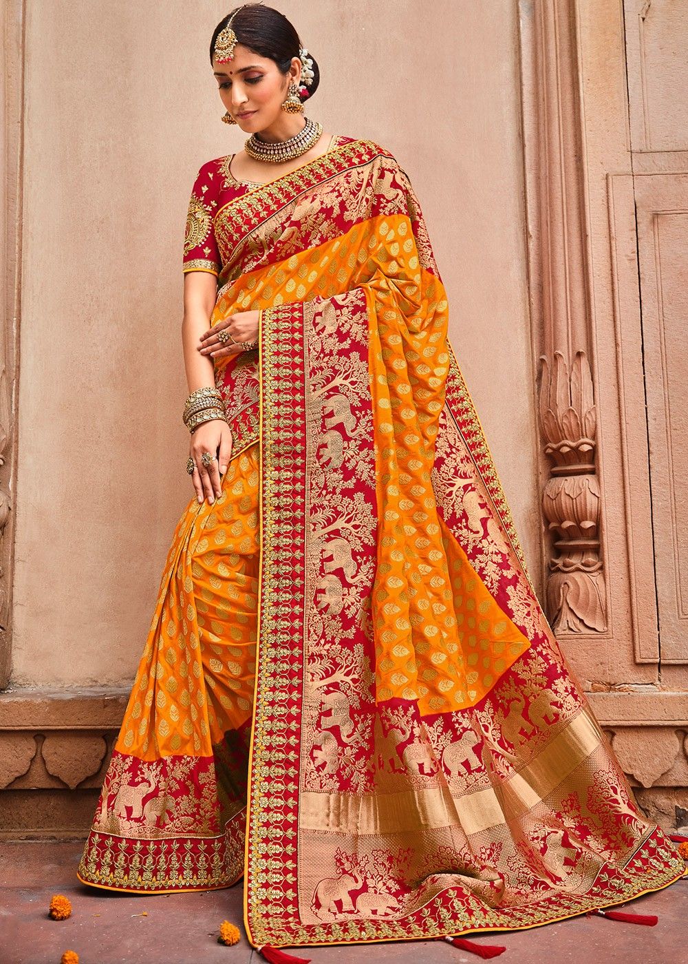 Indian Traditional Party Style Saree Yellow Blue Banarasi Silk Sari Designer