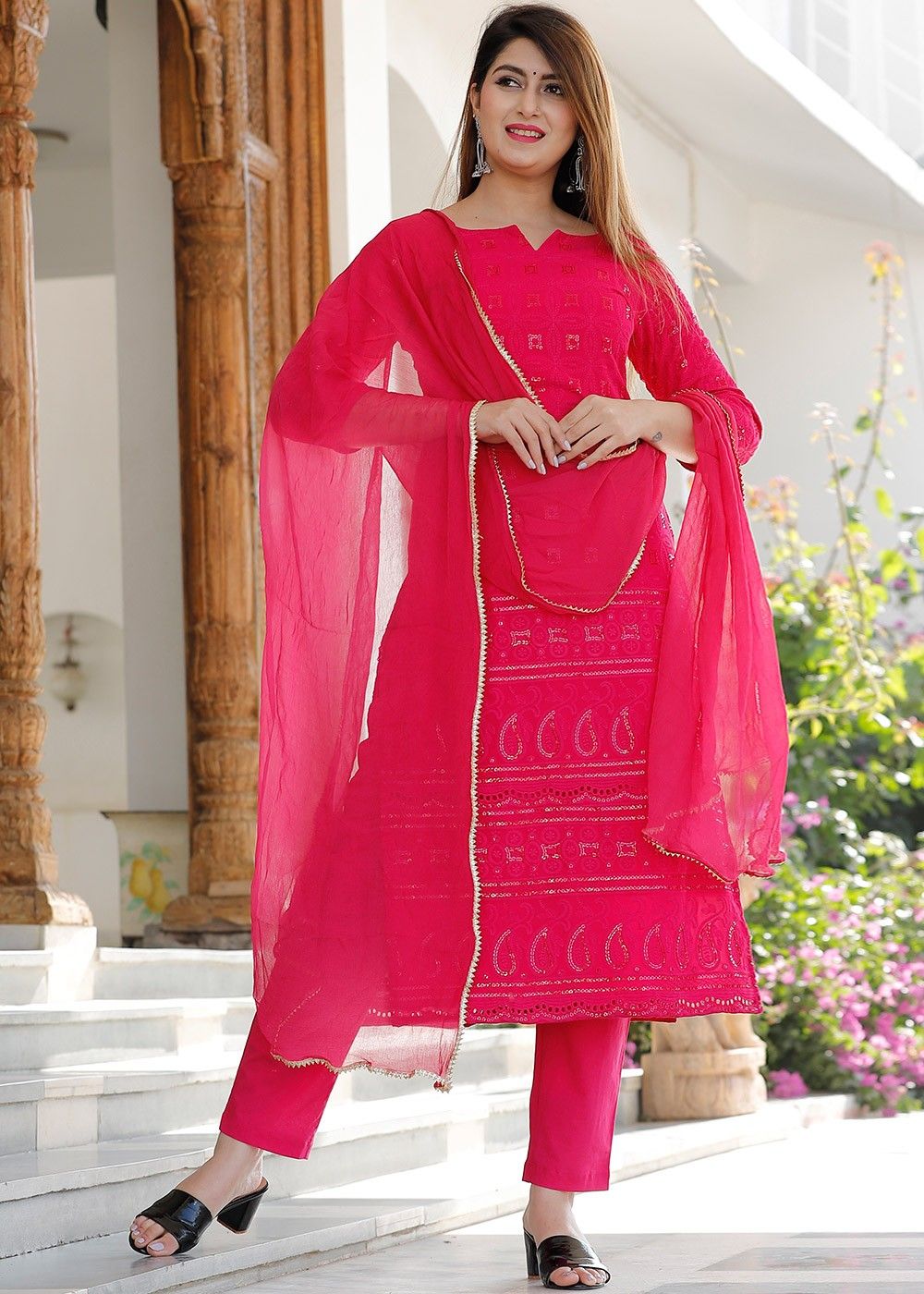 Pink Color Women Soft Net Embroidery Work Straight Salwar Suit For Wom –  Joshindia