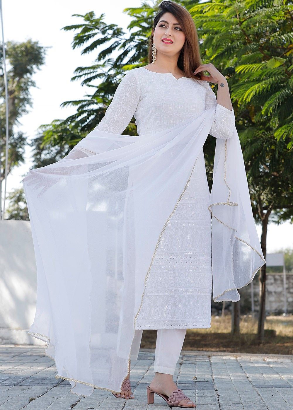 White Color Designer Kurti Pant Set With Cotton Thread Embroidery Work |  Kurta with pants, Kurtis with pants, Kurti designs