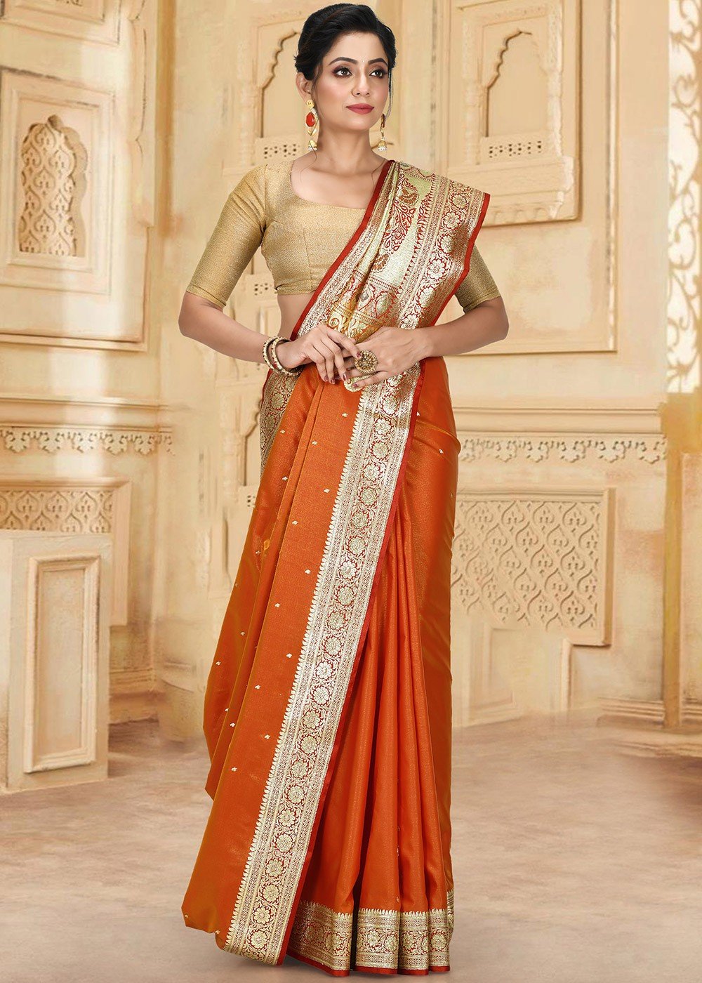 Buy Naeusa Designer Banarasi Satin Silk Saree Heavy Ara Work (Red) Colour  with Blouse for Womens Online at Best Prices in India - JioMart.