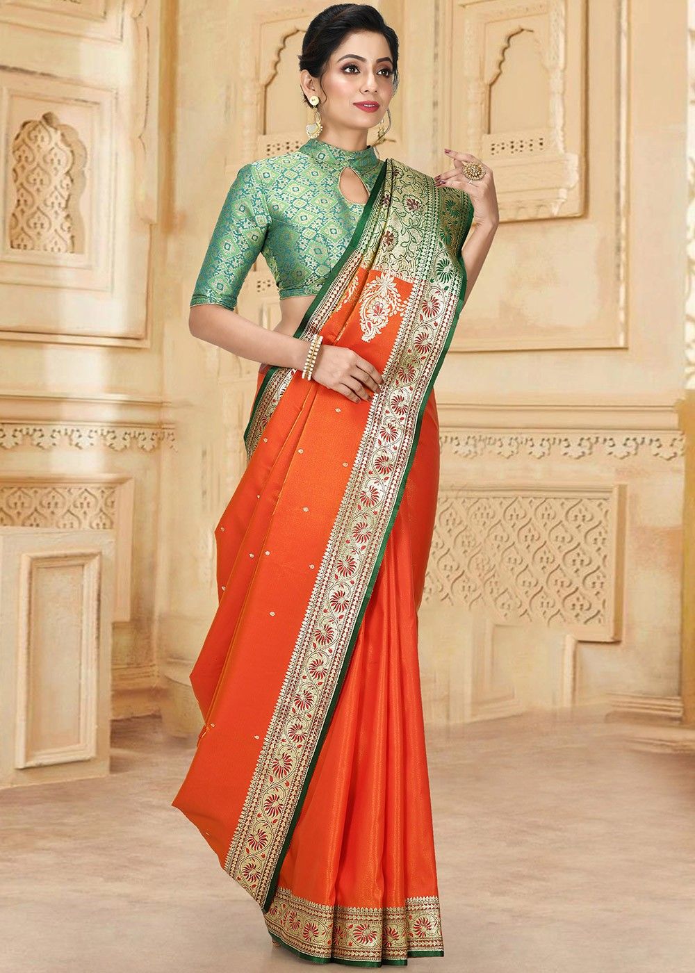 Orange and Navy Blue Patli Pallu Satin Banarasi Saree – Mohsin Textiles