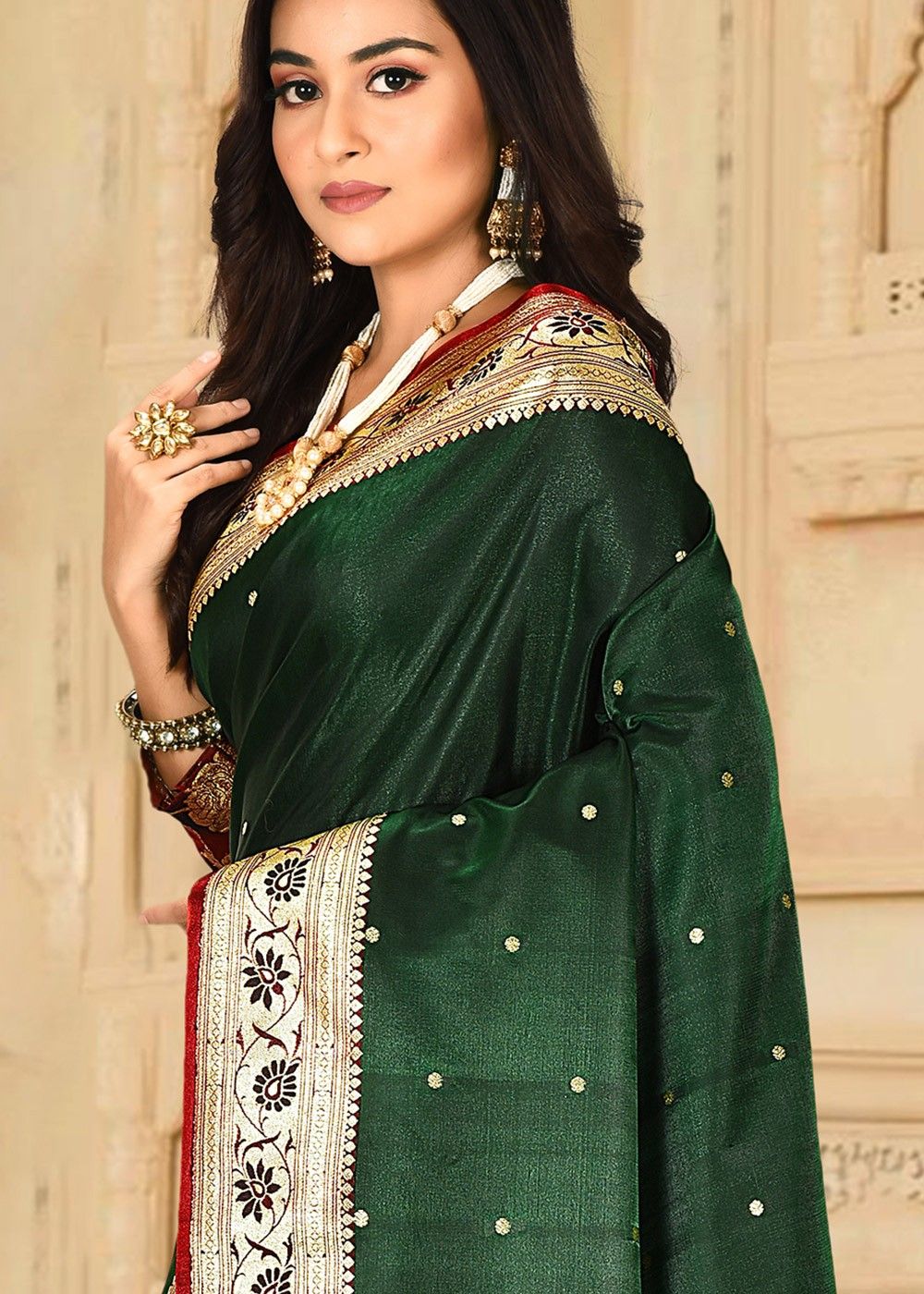 Dark Green Banarasi Silk Woven Zari Saree - Hijab Online