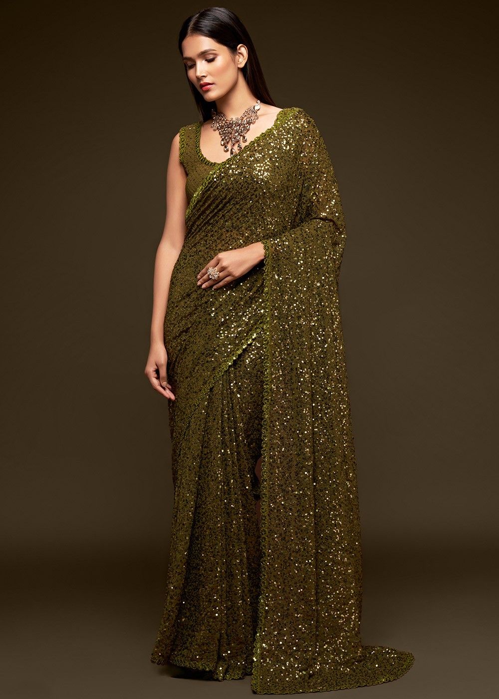 Gold Color Shimmer Party Wear Glitter Sequence Saree for Wed
