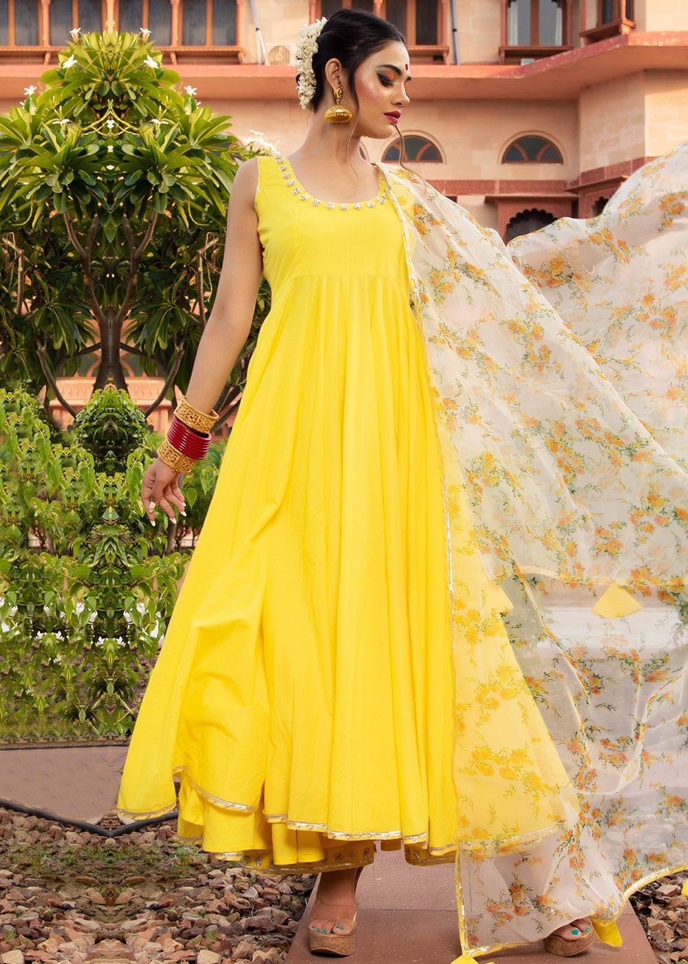 Yellow Embroidered Georgette Anarkali suit with churidar & dupatta - AS3772-nttc.com.vn