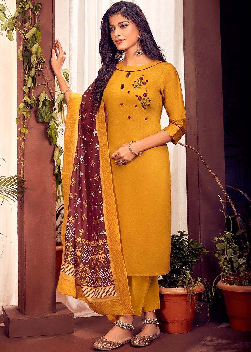 Hand Embroidered Straight Fit Kurta with Pants and Dupatta  Yellow