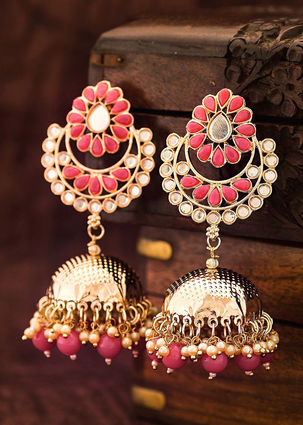 Dark Pink Jhumka Earrings for Lehenga Choli | FashionCrab.com