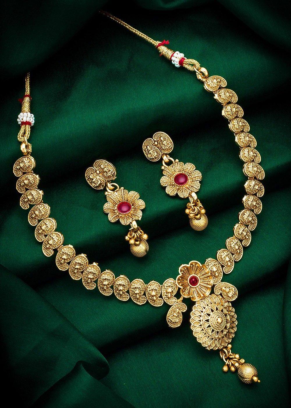 Gold tone block red stone round sufi necklace dj-37616 – dreamjwell