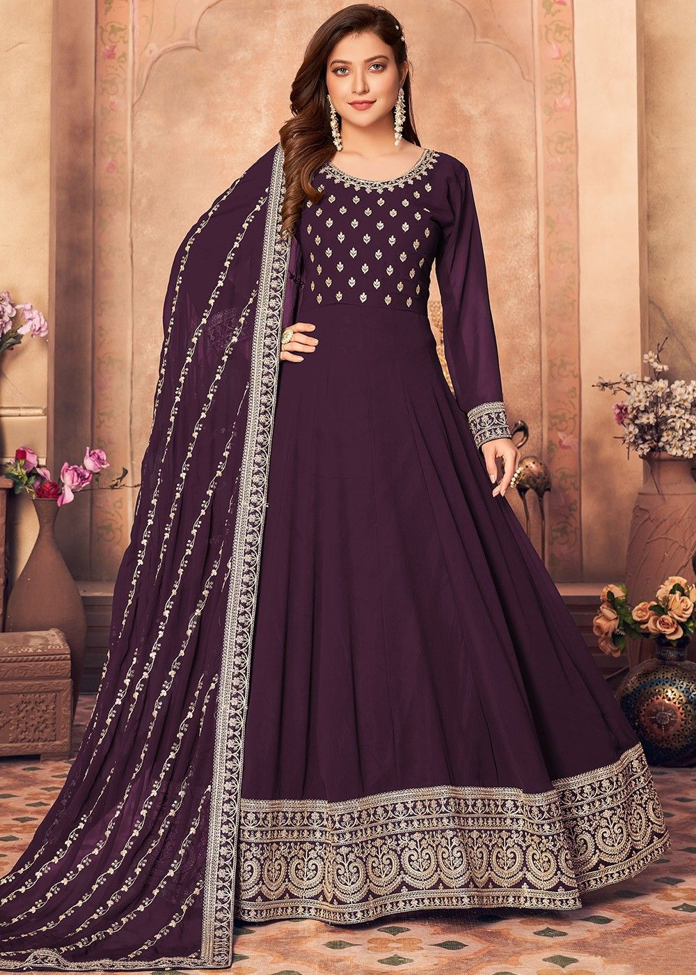 Purple Flared Suit With Heavy Embroidered Border 4093SL02